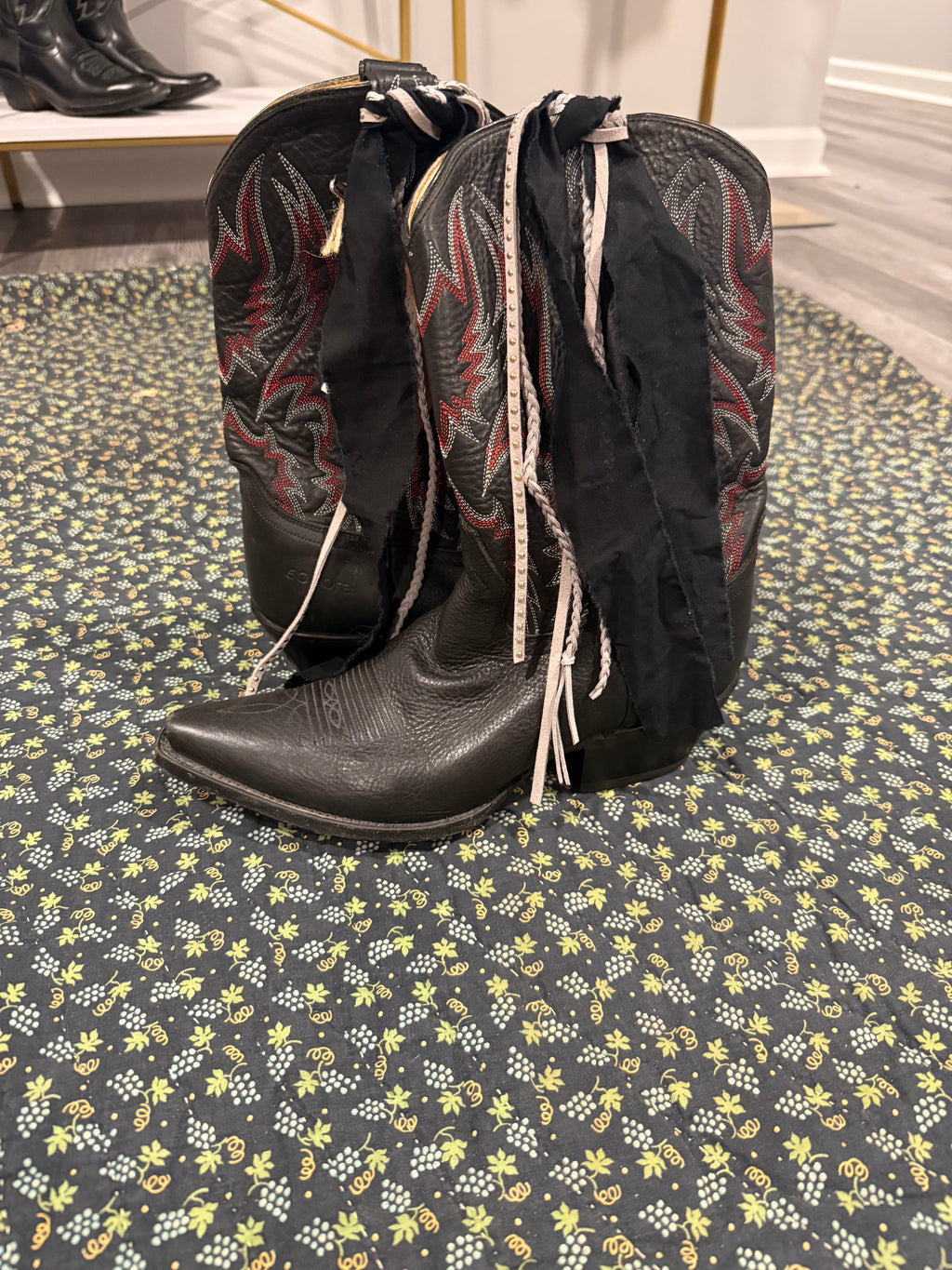 Vintage Black Leather Boots with Ribbons