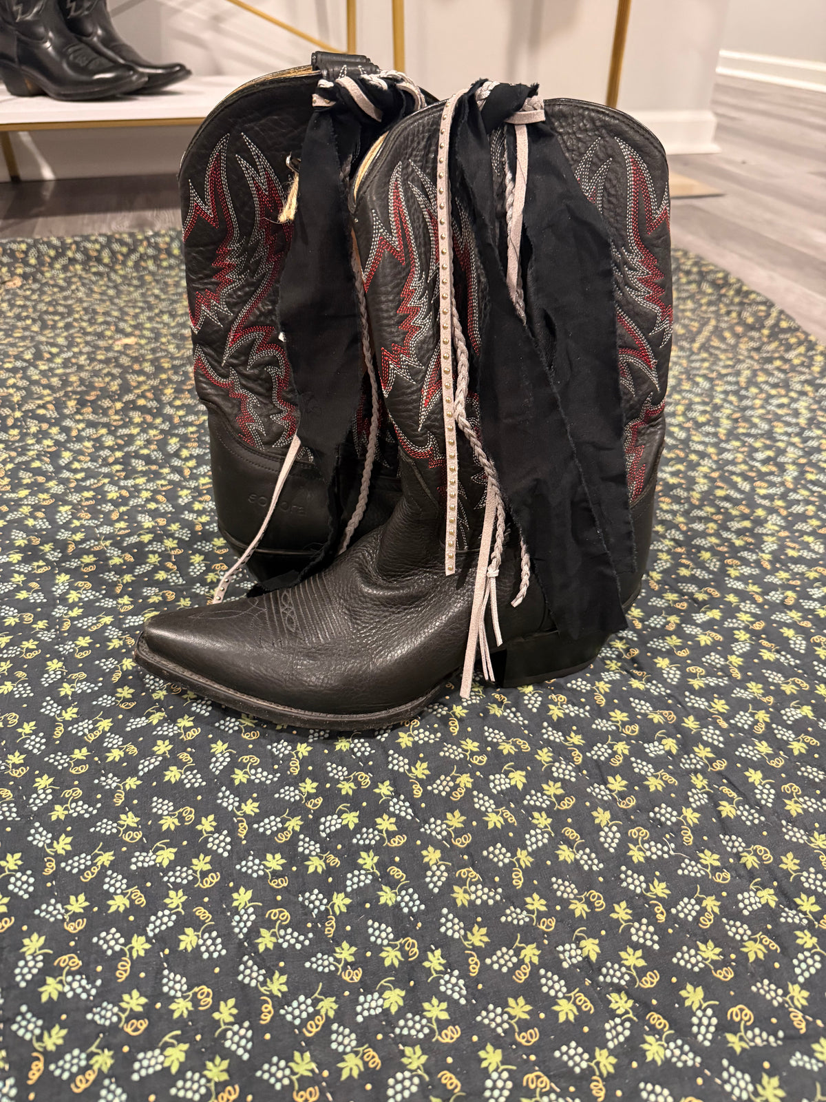 Vintage Black Leather Boots with Ribbons