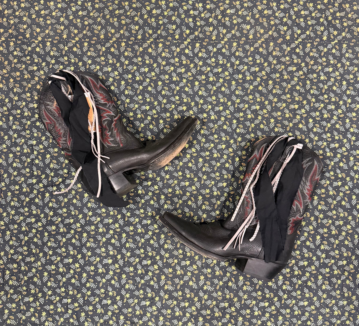 Vintage Black Leather Boots with Ribbons